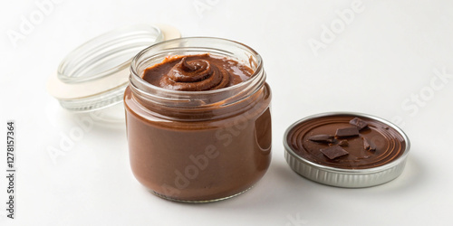 A Glass Jar of Chocolate Spread Isolated on a White Background, Perfect for Sweet Treats