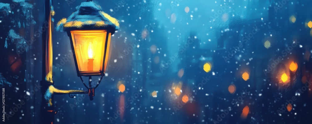 Fototapeta premium Winter Night's Lantern: A Snowy Cityscape