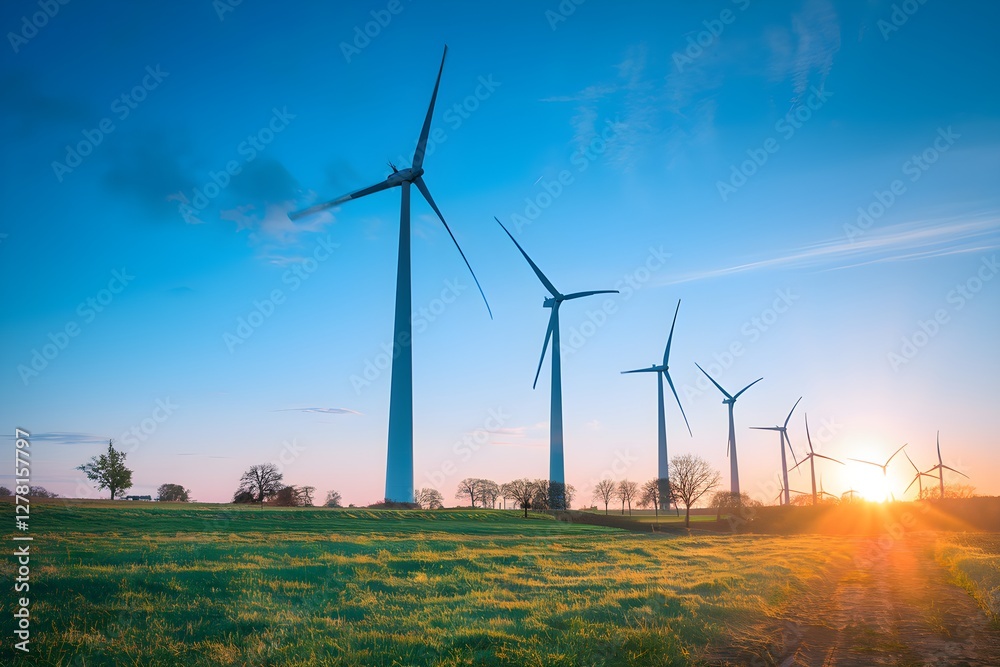 Obraz premium Wind turbines stand tall against a sunrise over a grassy field. 