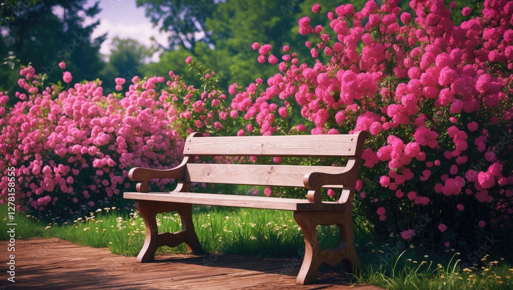 Wooden bench in a garden surrounded by vibrant pink flowering bushes on a sunny day with green grass and walkway Wooden bench in a garden surrounded by vibrant pink flowering bushes on a sunny day with green grass and walkway