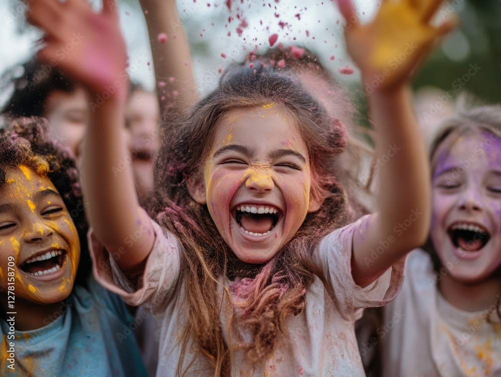 Obraz premium A group of young people of different races throwing colorful powder (Holi festival). 