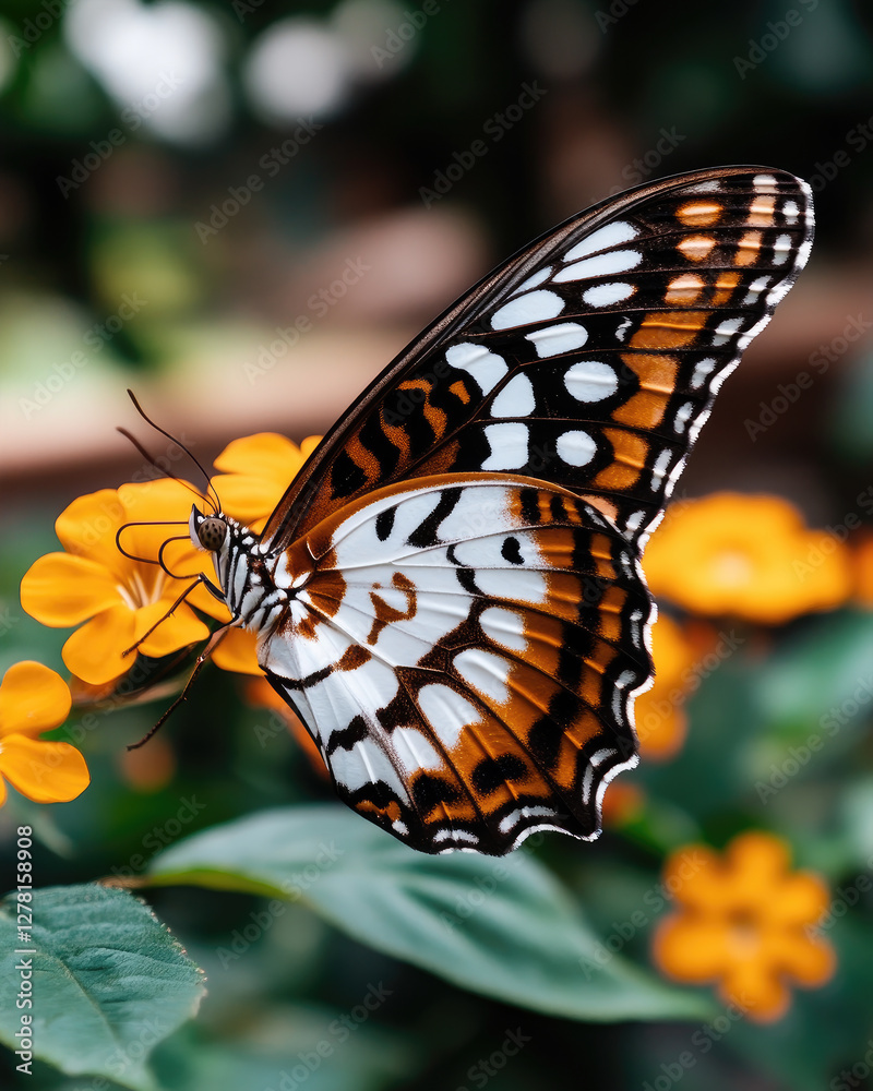 Fototapeta premium Butterfly with striking patterns on a yellow flower