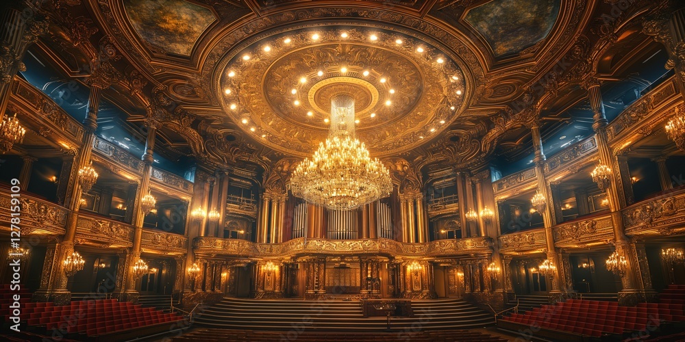 Obraz premium A magnificent view of an ornate theater interior featuring a grand chandelier and intricate gold detailing.