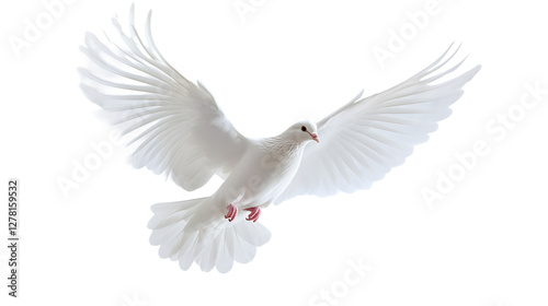 White dove flying isolated on white background