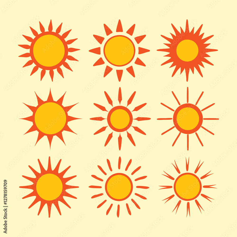 Fototapeta premium Set of vector sun icons. Sun icon set. Sunset icon collection. Hand drawn sun icon