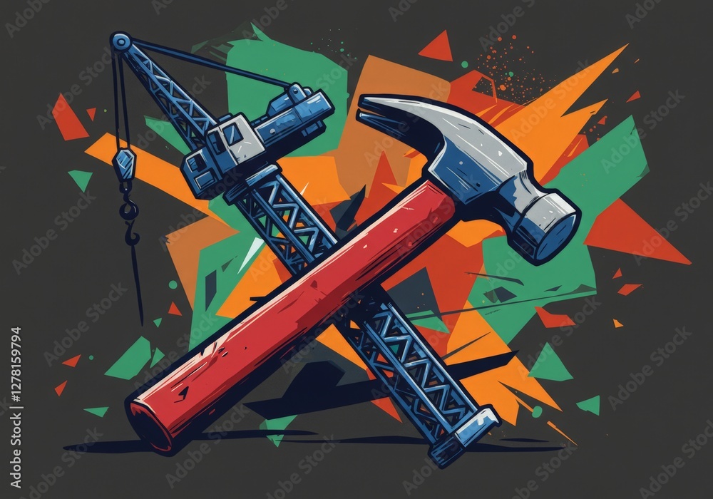 An illustration of a crane and hammer symbolizes strength, precision, and craftsmanship, representing professional builders in construction