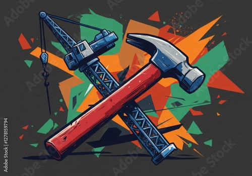 Obraz na płótnie An illustration of a crane and hammer symbolizes strength, precision, and craftsmanship, representing professional builders in construction w salonie
