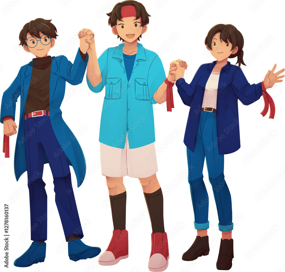 People Holding Hands United with Red Ribbons on Their Wrists Illustration People Holding Hands United with Red Ribbons on Their Wrists Illustration