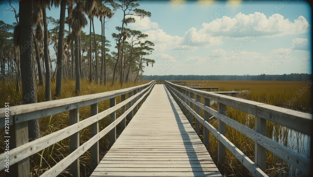 Wooden boardwalk extending through marsh landscape surrounded by tall grasses and trees under a bright blue sky with fluffy clouds.