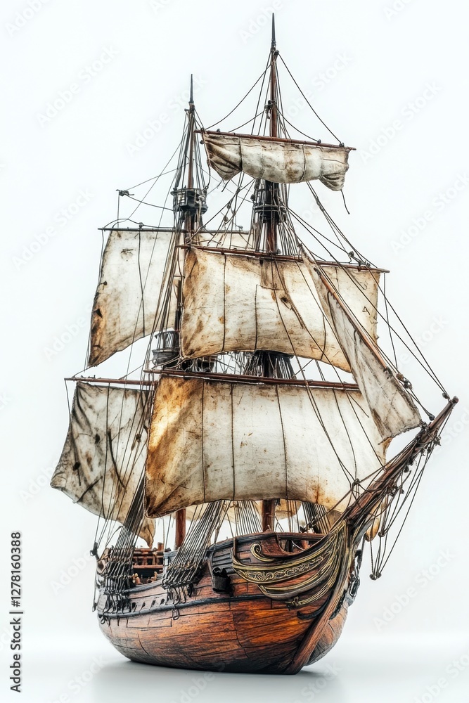 Fototapeta premium Detailed Wooden Ship Model with Aged Sails on White Backdrop Capturing the Essence of Maritime History and Nautical Adventure in Still Life