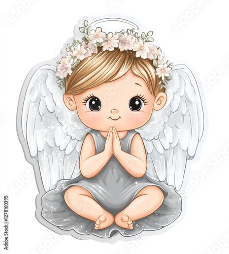 Cherubic infant angel wearing floral crown, gray dress, white wings, clasping hands in prayerful pose against soft background