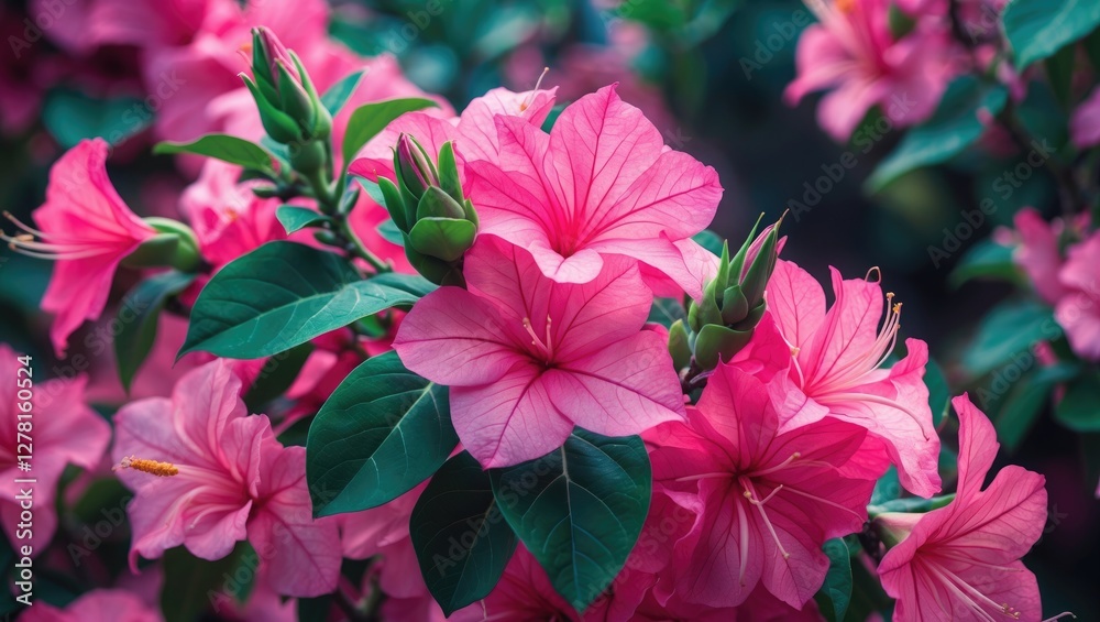 Obraz premium Pink hibiscus flowers with green leaves in a lush garden setting. Vibrant floral arrangement showcasing multiple blooms and buds.