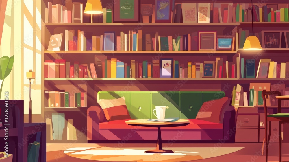 Cozy Cafe Corner with Bookshelves for Relaxation Cozy Cafe Corner with Bookshelves for Relaxation