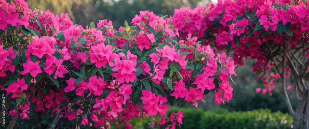 Fototapeta premium Vibrant pink bougainvillea flowers blooming in a lush garden setting with green foliage in the background