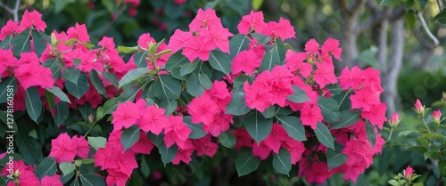 vibrant pink bougainvillea flowers with green leaves in a lush garden setting