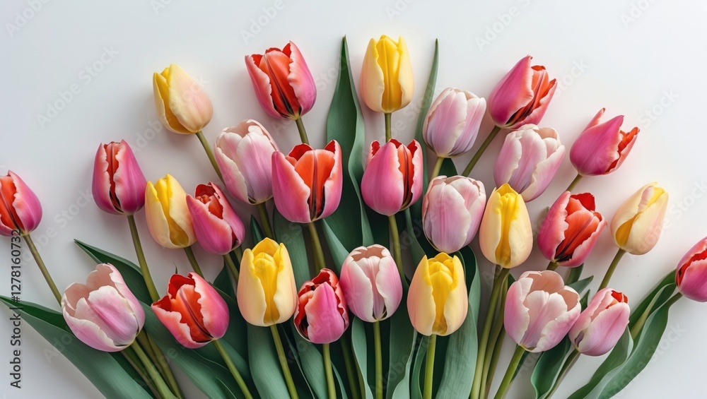 Colorful arrangement of fresh tulips in various shades including pink, yellow, and white with green leaves on a white background Colorful arrangement of fresh tulips in various shades including pink, yellow, and white with green leaves on a white background