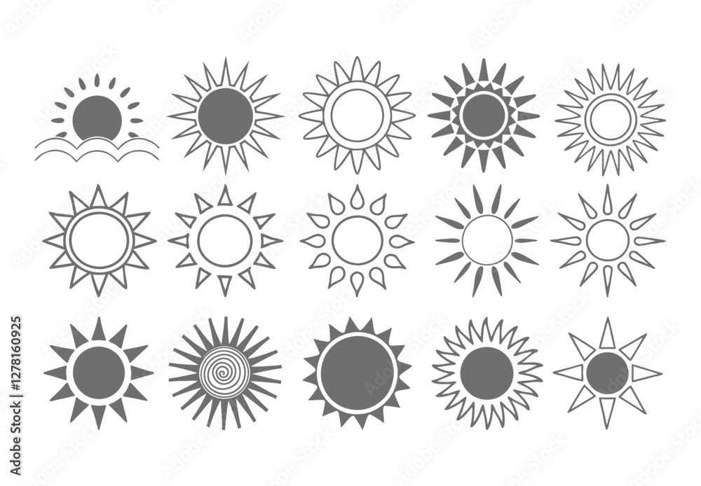 Set of vector sun icons. Sun icon set. Sunset icon collection. Hand drawn sun icon Set of vector sun icons. Sun icon set. Sunset icon collection. Hand drawn sun icon