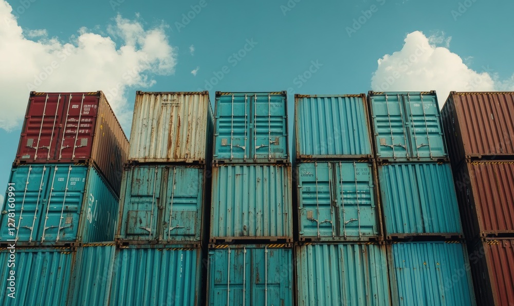 Fototapeta premium Stacked Shipping Containers Industrial Cargo Blue Metal Texture