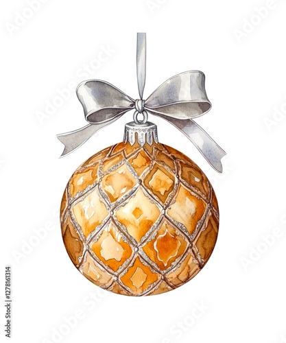 Watercolor illustration of an orange Christmas ball with retro pattern adorned with a silver ribbon tied in a bow isolated on white background.