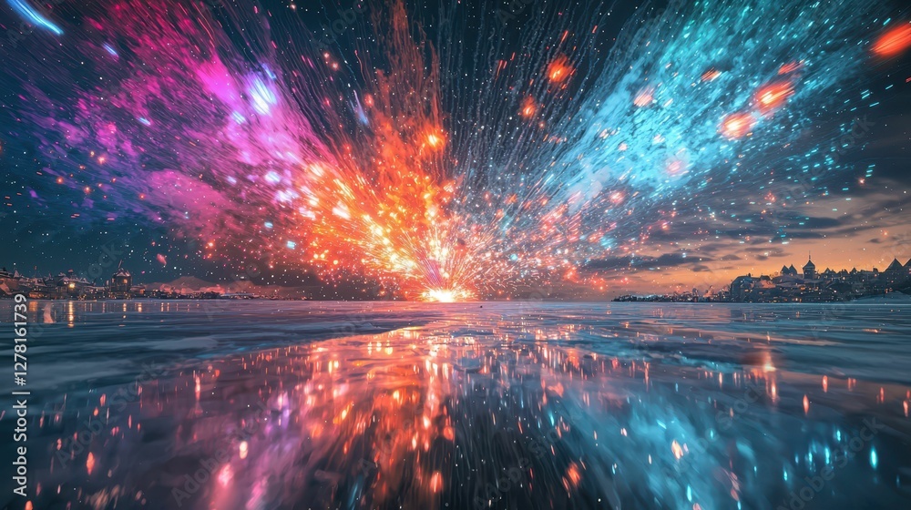 Vibrant Cosmic Explosion Over Calm Water Under Night Sky Vibrant Cosmic Explosion Over Calm Water Under Night Sky