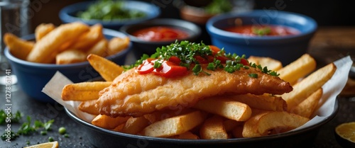 Crispy battered fish fillet served with golden fries and fresh garnishes on dark wooden table with dipping sauces in background photo