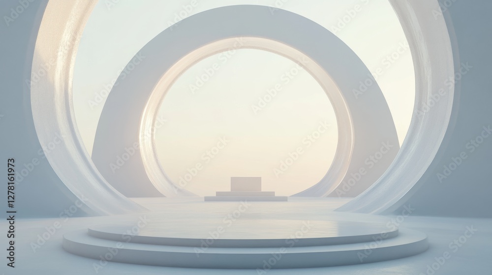 93.A futuristic 3D render of abstract geometric forms arranged in a wintry setting, featuring a central podium beneath a simple arch, bathed in soft, natural light against a serene white background. 93.A futuristic 3D render of abstract geometric forms arranged in a wintry setting, featuring a central podium beneath a simple arch, bathed in soft, natural light against a serene white background.
