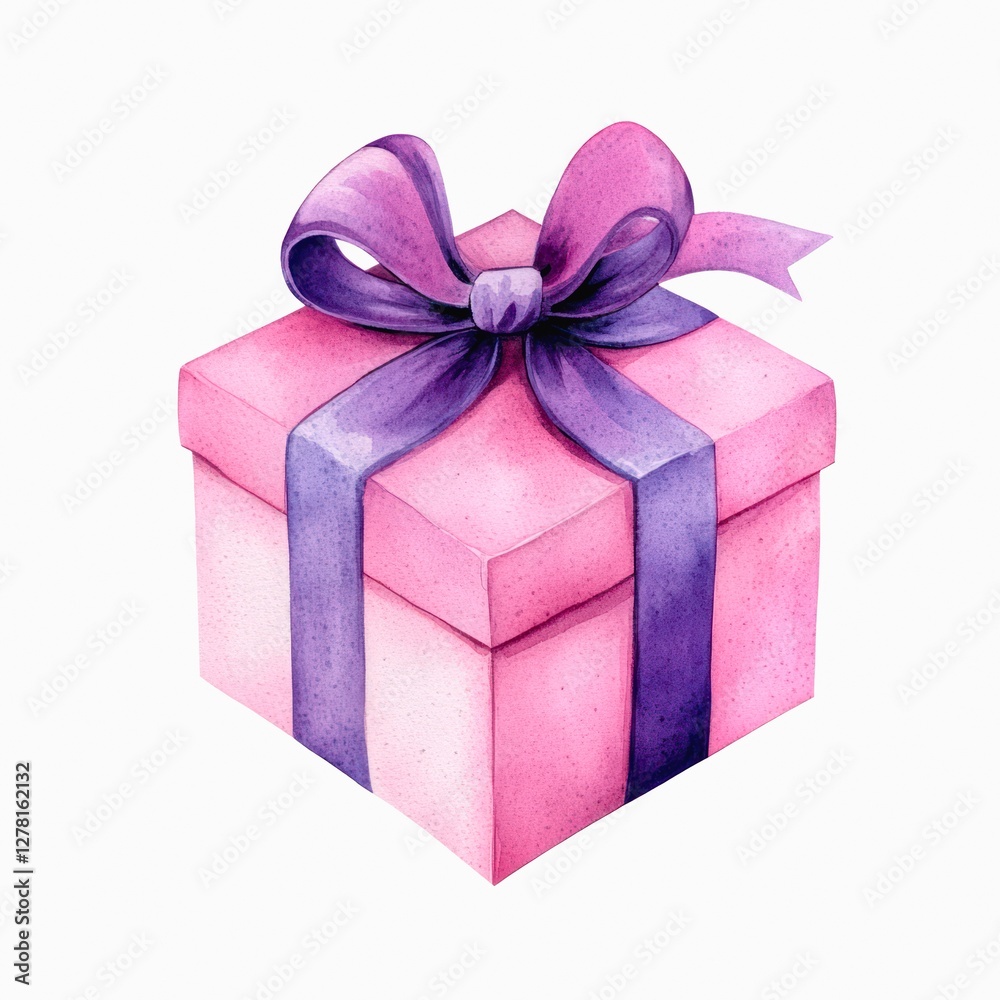 Obraz premium Watercolor illustration of a pink gift box with purple ribbon and bow isolated on white background.