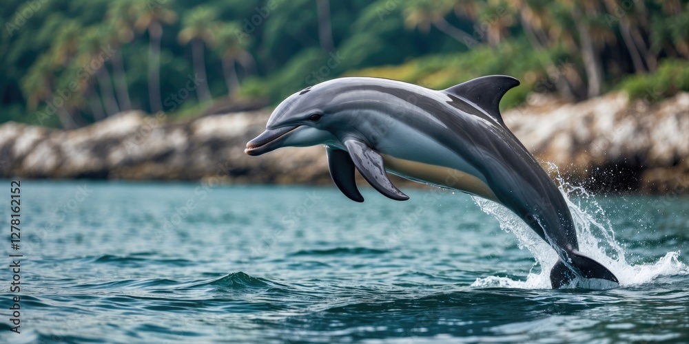 Fototapeta premium Dolphin leaping out of the water in tropical ocean environment with lush greenery in background