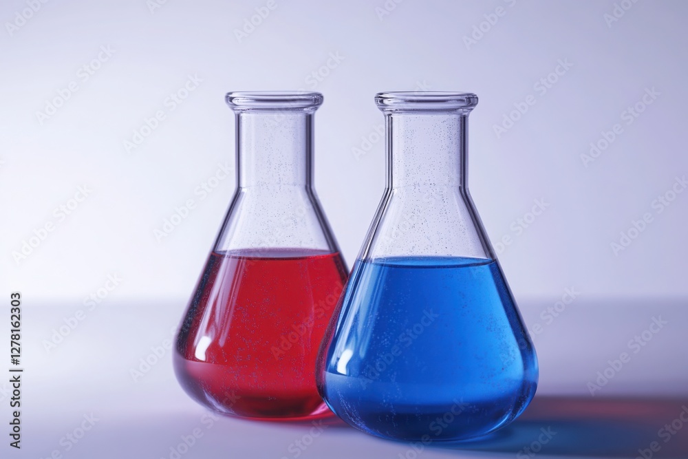 Glass Laboratory Beakers with Blue and Red Liquids on White Background q2, Glass Laboratory Beakers with Blue and Red Liquids on White Background q2,