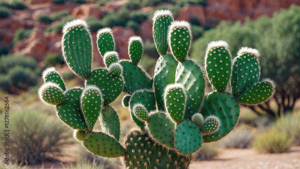 Green prickly pear cactus cluster in a desert landscape with red rock formations and scattered vegetation in the background. Green prickly pear cactus cluster in a desert landscape with red rock formations and scattered vegetation in the background.