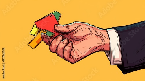 12.Side-view illustration of a hand in a formal suit holding a whistle and displaying red and yellow cards with an authoritative posture, rendered with clear line art.