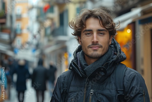 Wallpaper Mural A young Caucasian man with wavy hair stands confidently in a bustling street, showcasing a casual and relaxed style. Torontodigital.ca
