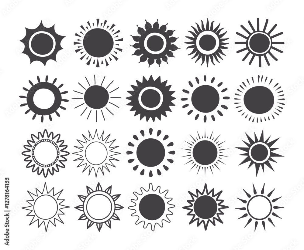 Set of vector sun icons. Sun icon set. Sunset icon collection. Hand drawn sun icon Set of vector sun icons. Sun icon set. Sunset icon collection. Hand drawn sun icon