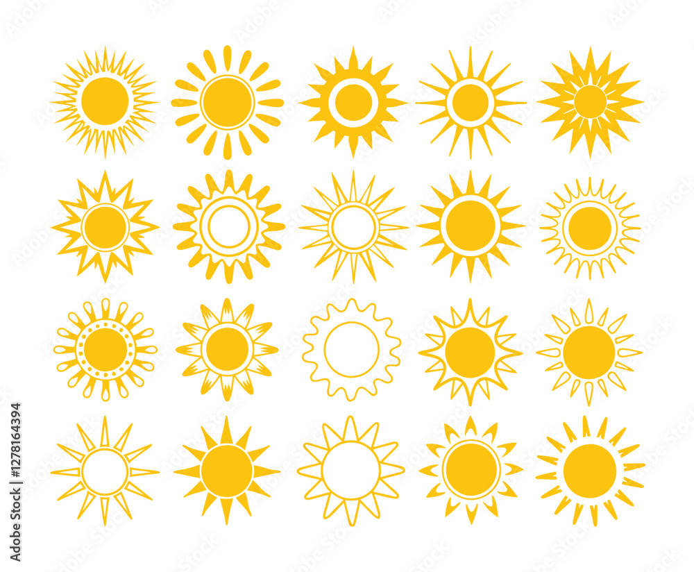 Set of vector sun icons. Sun icon set. Sunset icon collection. Hand drawn sun icon Set of vector sun icons. Sun icon set. Sunset icon collection. Hand drawn sun icon