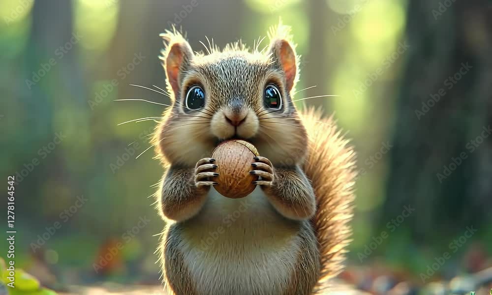 Cute squirrel eating nut, forest background, nature scene, children's book Cute squirrel eating nut, forest background, nature scene, children's book