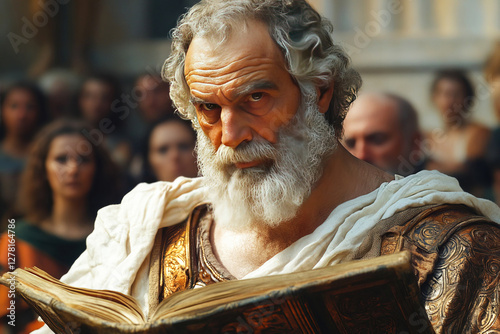Homer passionately reciting the Iliad to an attentive audience in a modern adaptation