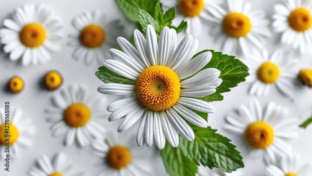 Fototapeta premium Daisies and green leaves on a white background with a focus on a single flower surrounded by multiple blooms
