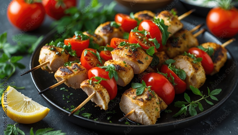 Grilled chicken and tomato skewers garnished with fresh herbs served on a black plate with lemon slices on a dark background Grilled chicken and tomato skewers garnished with fresh herbs served on a black plate with lemon slices on a dark background