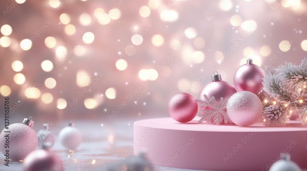 56.A pink podium adorned with shimmering Christmas lights, surrounded by festive baubles and snowflakes, with soft lighting creating a dreamy holiday effect. 56.A pink podium adorned with shimmering Christmas lights, surrounded by festive baubles and snowflakes, with soft lighting creating a dreamy holiday effect.