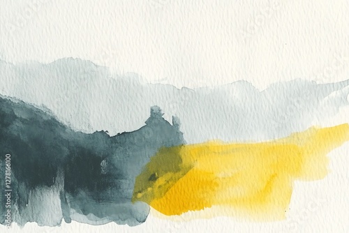 Abstract watercolor landscape, gray and yellow, mountains, horizon