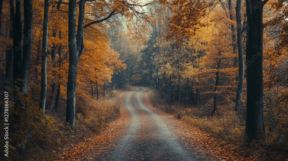 Obraz premium A winding dirt road through a forest in autumn with golden leaves falling