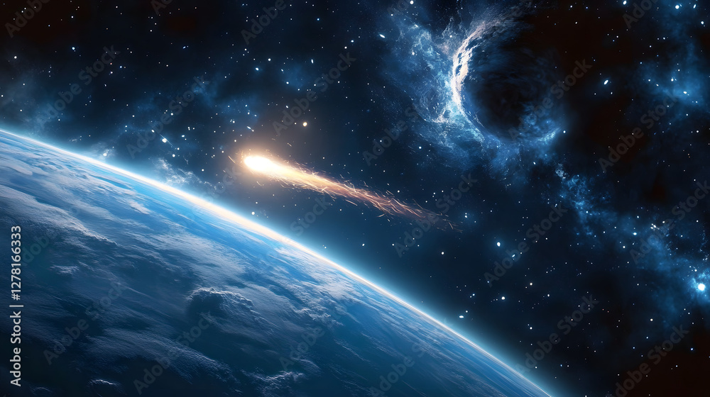 Fototapeta premium Comet Approaching Planet Earth, Cosmic View, Cosmos and Astronomy