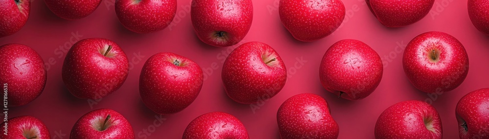 Fresh and Juicy Red Apples Arranged Neatly on a Vibrant Red Background for Food Photography and Design Use Fresh and Juicy Red Apples Arranged Neatly on a Vibrant Red Background for Food Photography and Design Use