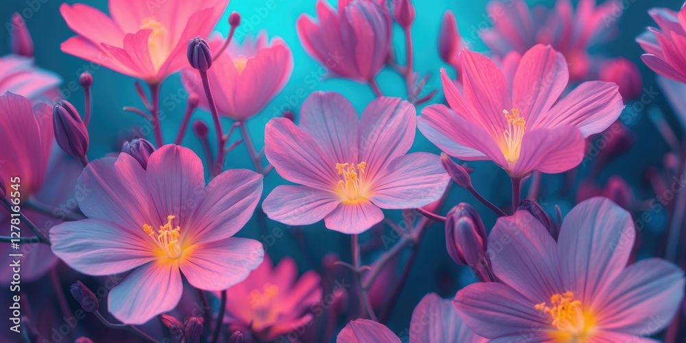 Fototapeta premium Colorful close-up of blooming flowers with pink and yellow petals against a blurred teal background in a natural setting