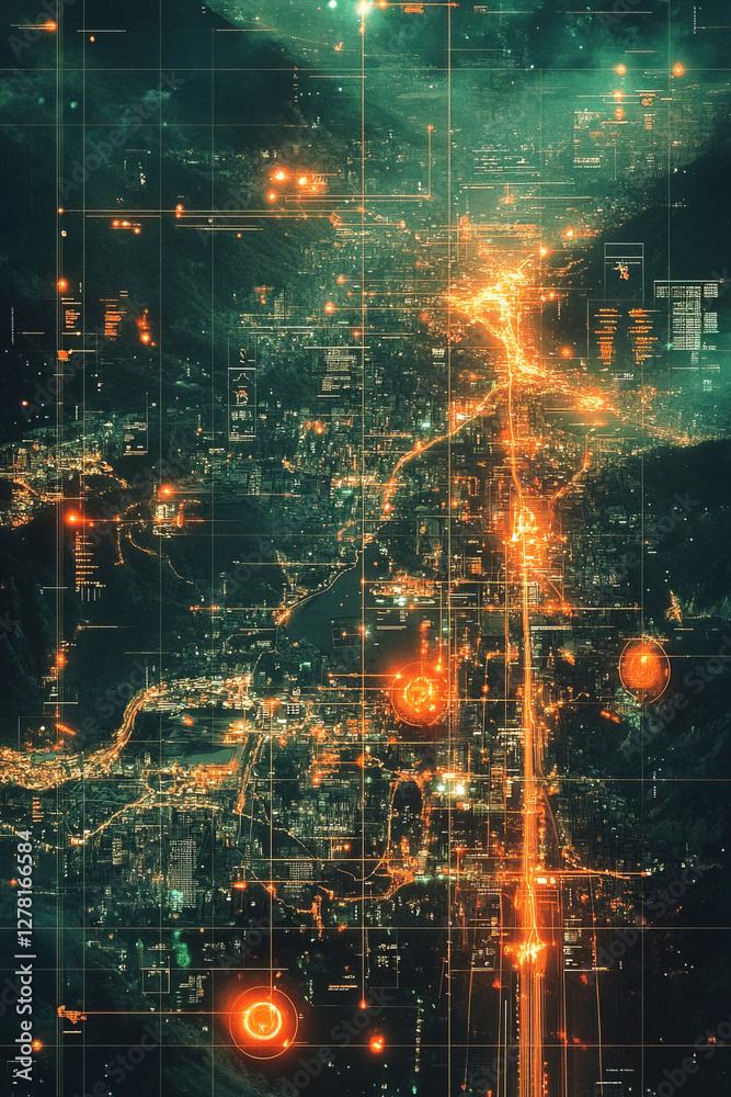 Obraz premium Military operations being monitored in neon colored graphic satellite surveillance