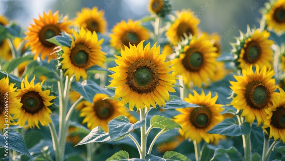 Field of vibrant sunflowers with bright yellow petals and green centers, surrounded by lush green leaves in natural sunlight. Field of vibrant sunflowers with bright yellow petals and green centers, surrounded by lush green leaves in natural sunlight.
