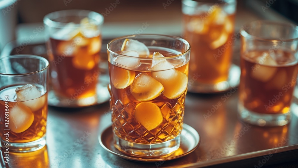 Glasses of iced tea with ice cubes served on a metallic tray in soft natural lighting Glasses of iced tea with ice cubes served on a metallic tray in soft natural lighting