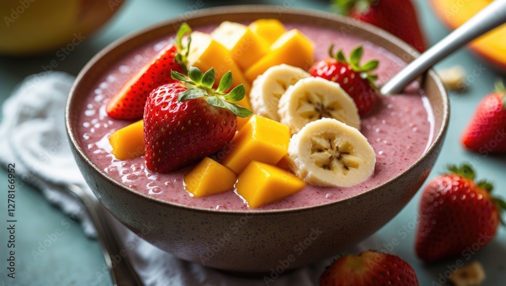 Fresh fruit smoothie bowl topped with strawberries, mango, and banana slices in a textured bowl against a soft background Fresh fruit smoothie bowl topped with strawberries, mango, and banana slices in a textured bowl against a soft background