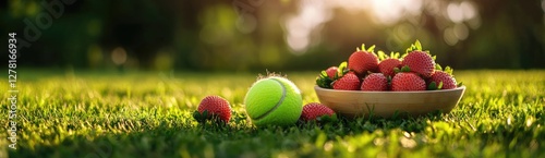 Strawberries in bowl next to tennis ball, lush grass court, summer sports theme 8K , high-resolution,