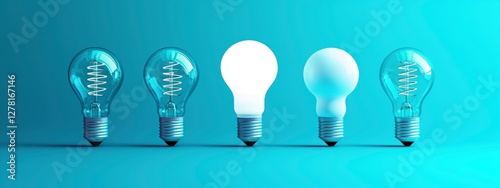  energy-saving light bulb and other  ordinary bulbs on blue background.  innovation and energy efficiency. eco-friendly lamp design. banner 